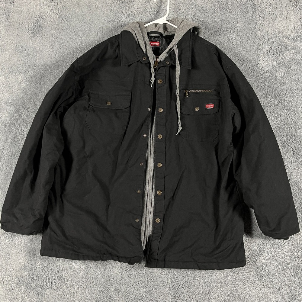 Wrangler Workwear Jacket Mens XXL Quilt Lined Hoodie Drawstring Pockets Black